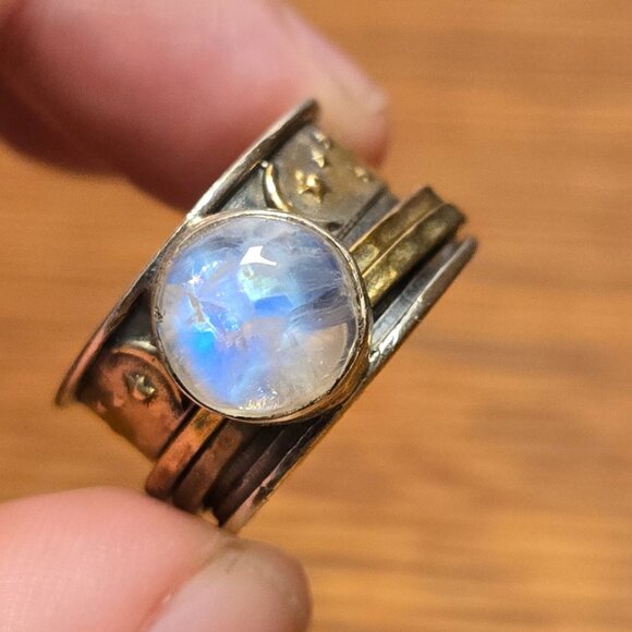 Boho Magic Stars Moon Fidget Spinning Ring Sterling Silver and Moonstone, Sz 7 - Picture 5 of 7